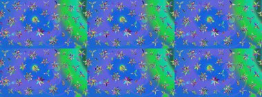 Çok mavi ve yeşil zarif küçük çiçekler ve mavi ve yeşil renkli komik böcekler, raster desen, illüstrasyon.