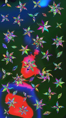 Mavi ve yeşil renkli çiçekler. Sevimli çiçek raster deseni. Düz Çiçek Elementleri Tasarımı. Renkli Bahar Teması çizim şablonu.