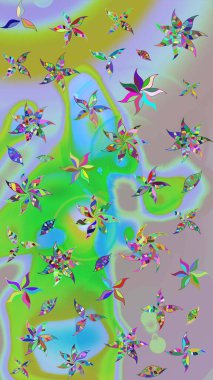 Yeşil ve nötr renklerde. 3D çiçekler, eskiz. Raster illüstrasyonu.