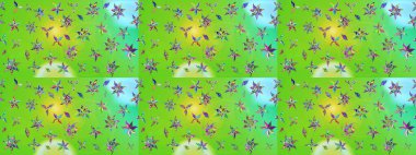 Yeşil ve mavi renkte çiçekler. Kumaş desenli papatya çiçekleri ayrıntıları.