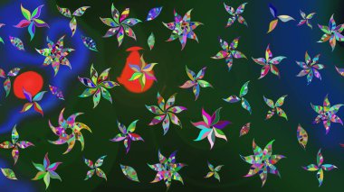 Raster illüstrasyonu. Yumuşak, yaz çiçekleri mavi ve yeşil renklerde. Raster deseni. Küçük çiçekte sevimli çiçek deseni var..