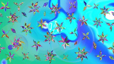 Raster illüstrasyonu. Çiçekli güzel suluboya desen. Mavi ve yeşil renklerde.