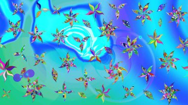 Raster illüstrasyonu. Çiçek desenli çizim. Mavi ve yeşil renkli çiçekler. Asya tekstil tarzında. Raster illüstrasyonu.