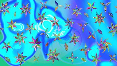 Varicoloblue ve yeşil raster çizimi. Küçük çiçekteki sevimli çiçek deseni. Birçok mavi ve yeşil soyut çiçekli tropikal çizim deseni.