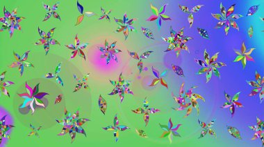 Raster illüstrasyonu. Küçük çiçekli basit bir çiçek çizimi. Moda baskısı, albüm, ambalaj kağıdı ve duvar kağıdı için zarif dekoratif süslemeler. Yeşil ve mor renkli şirin çiçekler..