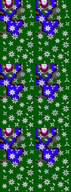 Şirin çiçekli, desenli, yeşil ve mavi renkli renkli bir eskiz. El çizimi çiçek çizimi deseni (fayans). Tekstil için suluboya çizim deseni.