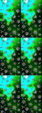 Raster illüstrasyonu. Mavi ve yeşil renkli çiçekler. Çiçek süslemeli çizim deseni.