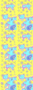 Raster illüstrasyonu. Çiçek ve yapraklı karalama şeklinde Raster çiçek deseni. Sarı ve mavi renklerde bahar çiçekleri..