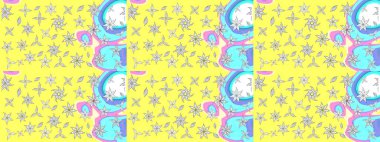 Raster Floral Illustration, Asyalı tekstil. Sarı ve mavi renkli etnik çiçeklerle zarif bir eskiz deseni..