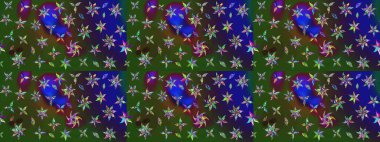 Yeşil ve mavi renkte çiçekler. Hediye ambalaj kağıdı, tebrik kartları, posterler ve pankart tasarımı. Raster düz çiçek çizim deseni.