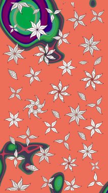 Raster illüstrasyonu. Şirin çiçekli eskiz deseni ve turuncu ve nötr renklerde yapraklar, suluboya çiçek deseni, duvar kağıdı, kart veya kumaş için fayanslı.