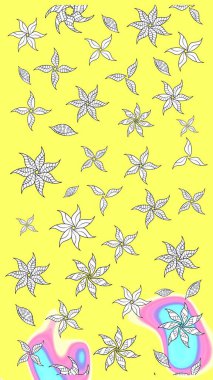 Sarı ve beyaz renklerde bahar çiçekleri. Raster illüstrasyonu. Yaprak ve çiçeklerin suluboya resmi, sarı ve beyaz renkler üzerine eskiz deseni.