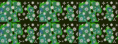 1950-1960 motifleri. Yeşil ve gri üzerine yeşil ve gri. Çiçekli ipek eşarp. El çizimi çiçek unsurları olan soyut çizim raster deseni. Retro tekstil tasarım koleksiyonu.