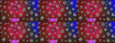 Raster illüstrasyonu. Kibar, bahar çiçekleri kırmızı ve kahverengi renklerde. Patlayan çiçekler soyut olarak yerleştirilmiş. Raster deseni.