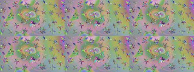 Parmak izi, kumaş, duvar kâğıdı, tekstil için raster dokusu. Nakış desenli çiçek deseni. Renkli grunge, kolonöral ve yeşil çiçeklerle soyut arkaplanı zenginleştirir.