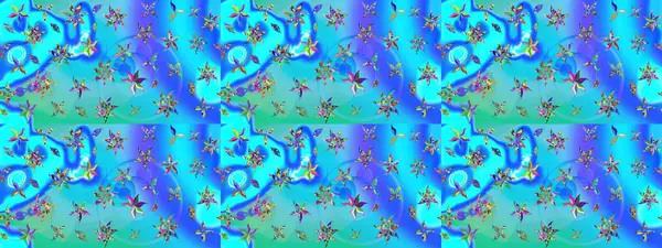 Mavi ve yeşil renkli çiçekler. Raster illüstrasyonunda çiçek deseni çizimi.