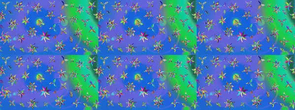 Çok mavi ve yeşil zarif küçük çiçekler ve mavi ve yeşil renkli komik böcekler, raster desen, illüstrasyon.