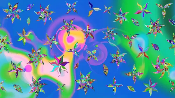 Raster illüstrasyonu. Raster illüstrasyonu. El yapımı çiçek ve bitki koleksiyonu. Robot resim tarzı mavi ve yeşil renkler. Şirin karalamalı çiçek deseni çiz..