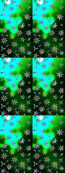 Raster illüstrasyonu. Mavi ve yeşil renkli çiçekler. Çiçek süslemeli çizim deseni.