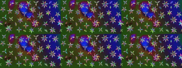 Yeşil ve mavi renkte çiçekler. Hediye ambalaj kağıdı, tebrik kartları, posterler ve pankart tasarımı. Raster düz çiçek çizim deseni.