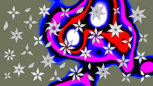 Raster illüstrasyonundaki çiçek desenli çizim. Yeşil ve mavi renkte çiçekler.