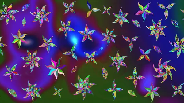 Mavi ve yeşil renkli çiçekler. Hediye ambalaj kağıdı, tebrik kartları, posterler ve pankart tasarımı. Raster düz çiçek çizim deseni.