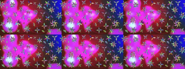 Mor ve kırmızı renkte çiçekler. Hediye ambalaj kağıdı, tebrik kartları, posterler ve pankart tasarımı. Raster düz çiçek çizim deseni.