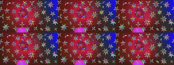 Raster illüstrasyonu. Kibar, bahar çiçekleri kırmızı ve kahverengi renklerde. Patlayan çiçekler soyut olarak yerleştirilmiş. Raster deseni.