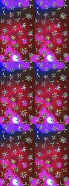 Çok renkli ve menekşe rengi zarif küçük çiçekler ve kırmızı ve mor renkli komik böcekler, raster desen, illüstrasyon.