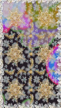 Süslü dantel iz sürücü. Doğu tarzında klasik tasarım öğesi. Gri renkli geleneksel Arapça dekor. Duvar kâğıdı için altın süslü bir illüstrasyon. Çiçekli süslemeli, pürüzsüz bir desen..