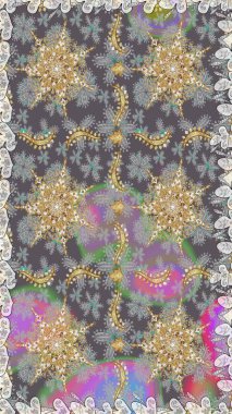 Altın antika ortaçağ dekoratifi, yapraklar ve gri renkli altın desenli süslemeleri olan pürüzsüz bir şablon. Kusursuz kraliyet lüksü, altın barok kumaş rengi..