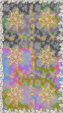 Süslü dantel iz sürücü. Çiçekli süslemeli, pürüzsüz bir desen. Gri renkli geleneksel Arapça dekor. Doğu tarzında klasik tasarım öğesi. Duvar kağıdı için altın süslü illüstrasyon.