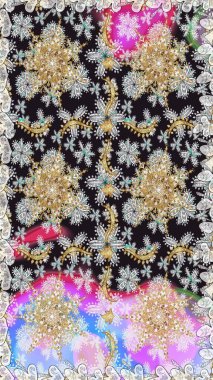 Gri renkli ve altın elementli altın desenli. Kusursuz desenli oryantal süs. İslam tasarımı. Çiçek kiremitleri. Raster altın tekstil baskısı.