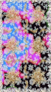 Tarafsız renklerde, altın elementlerle kusursuz desen. Raster. Parlak dantel, stilize çiçekler, şal desenli. Hassas altın deseni açın. Kusursuz altın desenli bukleler. Doğu tarzı arabesk.