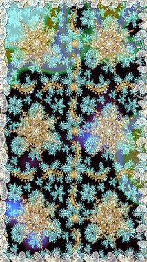 El yapımı dekoratif çerçeve, albüm kapağı, tebrik kartı, klasik Art deco tarzı. Raster soyut çiçek çelengi altın karalama fantezi yaprakları ve tarafsız renklerde çiçek.