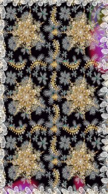 Klasik çiçek dokusu. Kart, duvar kağıdı, ambalaj ve tekstil için klasik tasarım. Altın şablon. Gri renkli Royal retro. Kusursuz desenli altın elementler. Raster illüstrasyonu.