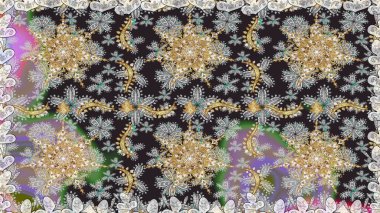 Damask altın soyut çiçek gri renklerde pürüzsüz desen. Süslü dekorasyon. Raster illüstrasyonu.