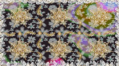 Raster illüstrasyonu. Tekrarlayan elementlerle soyut arkaplan oluşturun. Gri renkler ve altın elementler üzerinde altın pürüzsüz desen. Kusursuz, klasik altın desen..