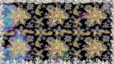 Kusursuz altın desenli bukleler. Doğu tarzı arabesk. Raster. Gri renklerde, altın elementlerle kusursuz desen. Hassas altın deseni açın. Parlak dantel, stilize çiçekler, şal desenli.