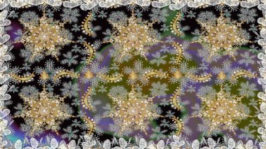 Doğum günü kartı, davetiye ya da afiş için iyidir. Raster illüstrasyonu. Kusursuz ortaçağ çiçek deseni. Dekoratif simetri arabesk. Gri renklerde altın.