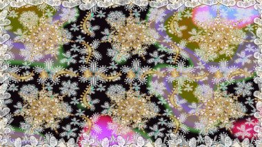 Altın elementli gri renkler. Doğu tarzı arabesk. Raster altın desen. Raster illüstrasyonu. Kusursuz altın desenli bukleler..