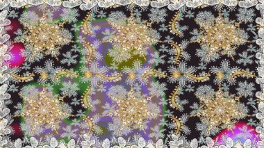 Damask arkaplanı tekerrür ediyor. Barok tarzında altın çiçek süsü. Antika altın tekrarlanabilir duvar kağıdı. Gri renklerdeki altın element.