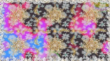 El yapımı dekoratif çerçeve, albüm kapağı, tebrik kartı, klasik Art deco tarzı. Raster soyut çiçek çelengi altın karalama fantezi yaprakları ve gri renkli çiçekler.