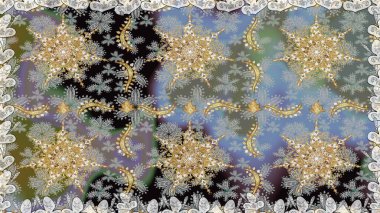 Kusursuz ortaçağ çiçek deseni. Dekoratif simetri arabesk. Raster illüstrasyonu. Gri renklerde altın. Doğum günü, davetiye ya da afiş için tebrik kartı.