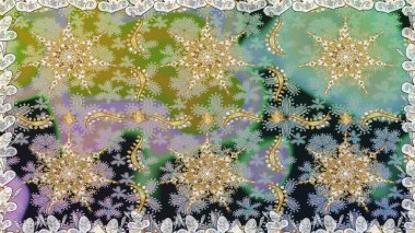 Kına dövmeli süs çiçekleri, altın çıkartmalar, mehndi ve yoga tasarımı, kartlar ve parmak izleri. Raster Golden Mehndi kusursuz desen. Gri renklerde desen.