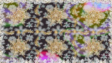 Paisleys zarif çiçek desenli dikdörtgen arka plan duvar kâğıdı illüstrasyonlu klasik stil, modern 3D çizgili sanat altın ve gri desenli çiçek yaprakları ve süslemeleri..