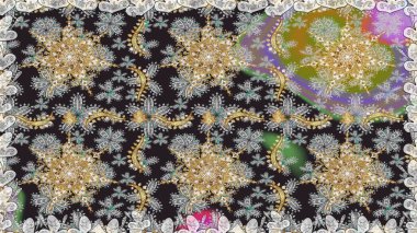 Altın elementli gri renkler. Raster altın desen. Raster illüstrasyonu. Kusursuz altın desenli bukleler. Doğu tarzı arabesk.