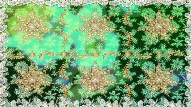 Altın elementlerle yeşil renklerde altın desen. Kusursuz klasik raster altın desenli. Klasik klasik klasik arka plan. Geleneksel oryantasyon süsü.