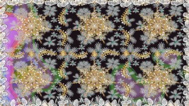 Gri renklerde, altın elementlerle kusursuz desen. Kusursuz klasik raster altın desenli. Raster illüstrasyonu. Klasik klasik klasik arka plan. Geleneksel oryantasyon süsü.