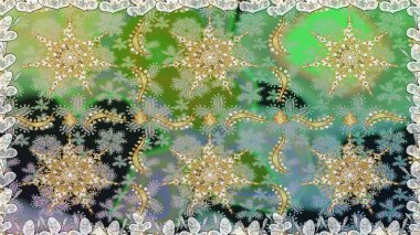 Noel, kar tanesi, yeni yıl. Yeşil renklerde ve altın elementlerle kusursuz klasik desen. Yeşil renklerdeki altın desenli altın elementler.